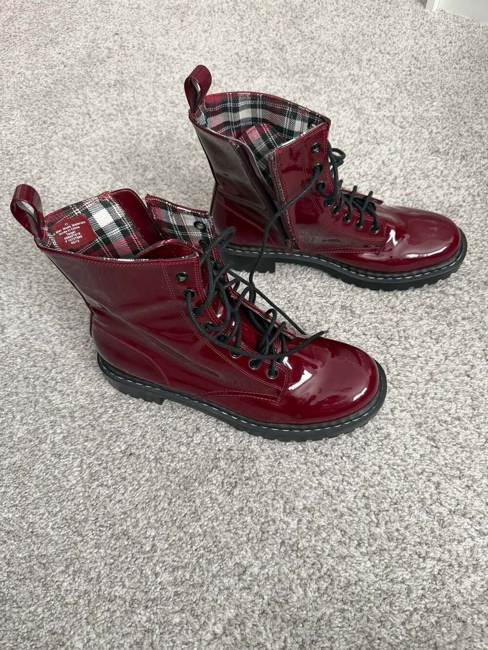 Xhilaration Burgundy Patent Combat Boots with Plaid Lining Size 11 - Picture 7 of 7